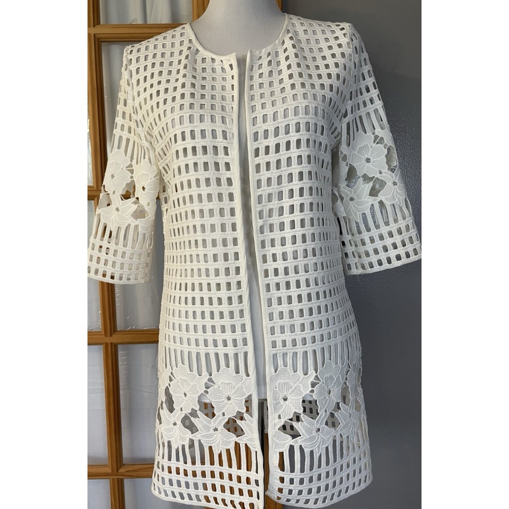 Feratelli Floral Embroidery Dress Jacket Sz S Open Front Cut Outs Career Party